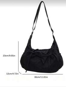 Black Anti-Wrinkle Nylon Shoulder Bag, Drawstring Pleated Pocket, Adjustable Wide Strap, Soft Large Capacity Casual Shoulder Bag, Ideal Choice For Minimalist Street Girls, Perfect For Daily Outings, Coffee Dates, Weekend Shopping And City Walks. - Black - View 4