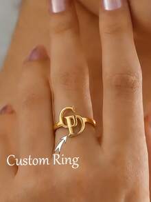 Customized Double Letter Ring, Personalized Exquisite Couple Name Initial Open Ring, 304 Stainless Steel Adjustable Name Ring, Fashion Wedding Accessory, Ideal Gift For Her, Anniversary, Valentine's Day, Mother's Day, Birthday Party Gothic Gift, Summer Beach Vacation Gift - Multicolor - View 3
