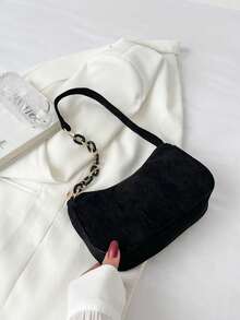Minimalist Light Gray Corduroy Hobo Underarm Bag, Single Handle Handbag For Women, Soft Accessory For Casual And Office Look - Hitam - View 1