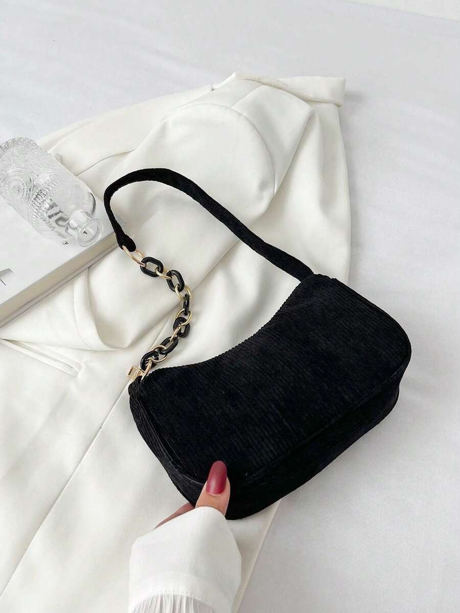 Minimalist Light Gray Corduroy Hobo Underarm Bag, Single Handle Handbag For Women, Soft Accessory For Casual And Office Look - Hitam - View 1
