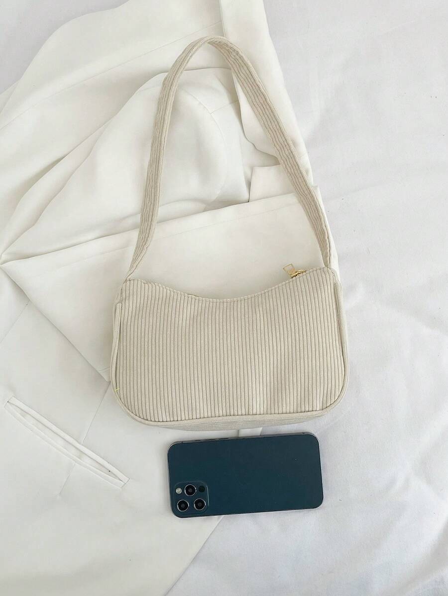 Minimalist Light Gray Corduroy Hobo Underarm Bag, Single Handle Handbag For Women, Soft Accessory For Casual And Office Look - 杏色 - 查看 1