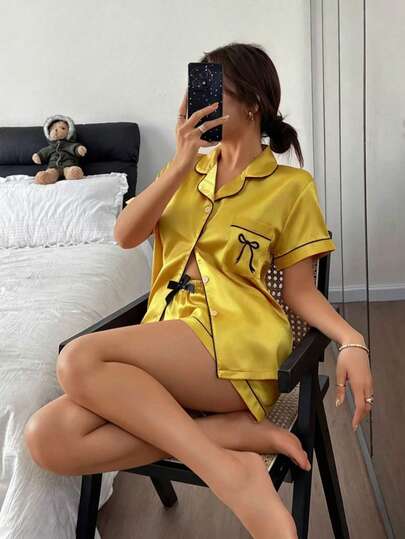 Dreamivo Women's Summer Gentle Solid Color Short Pajama Set, Exquisite Short Sleeve With Elegant Button Collar Design, Minimalist Top Paired With Loose Shorts, Delicate Smooth Soft Satin Material, Skin-Friendly Breathable Cool And Non-Sweaty, Versatile Slimming Fit Comfortable To Wear, Supports Daily Machine Wash Easy Care, Suitable For Home Leisure And Casual Outings