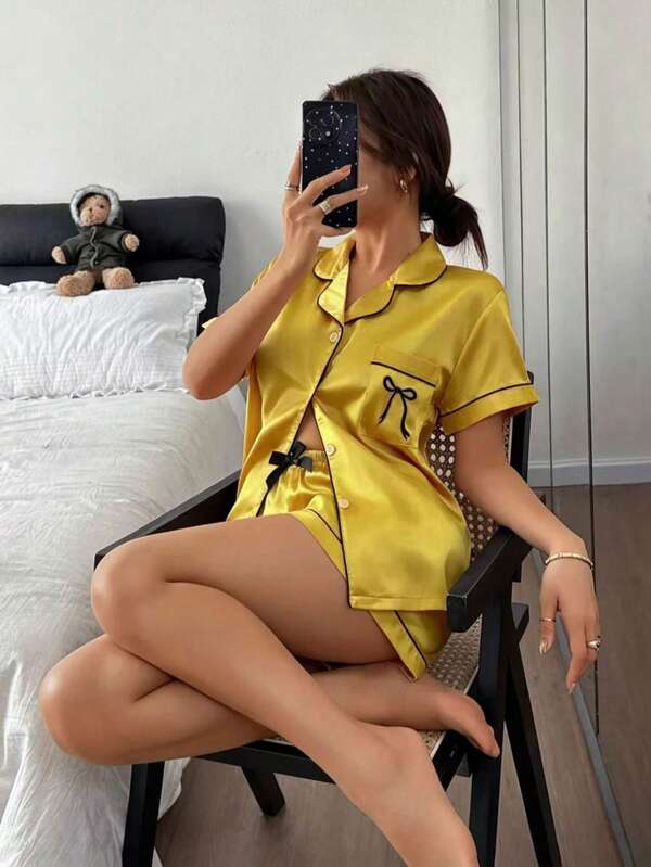 Dreamivo Women's Summer Gentle Solid Color Short Pajama Set, Exquisite Short Sleeve With Elegant Button Collar Design, Minimalist Top Paired With Loose Shorts, Delicate Smooth Soft Satin Material, Skin-Friendly Breathable Cool And Non-Sweaty, Versatile Slimming Fit Comfortable To Wear, Supports Daily Machine Wash Easy Care, Suitable For Home Leisure And Casual Outings