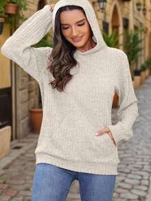 Women's Knitted Long Sleeve Crew Neck Hoodie With Pockets, Regular Length Casual Pullover Sweatshirt - Apricot - View 4