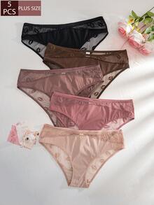 5pcs Women's Lip Mesh Jacquard Patchwork Comfortable Plus Size Triangle Panties - Multicolor - View 1