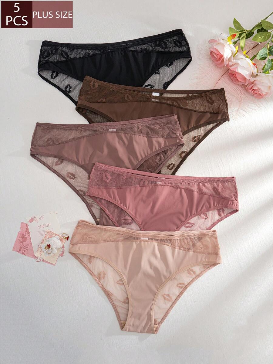 5pcs Women's Lip Mesh Jacquard Patchwork Comfortable Plus Size Triangle Panties - Multicolor - View 1