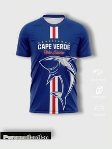 1pc Custom Cape Blue Shark Theme Football Short Sleeve Jersey, Back Name, Creating Your Own Exclusive Fan Commemorative Jersey. Summer, For Men Sports - Blue - View 2