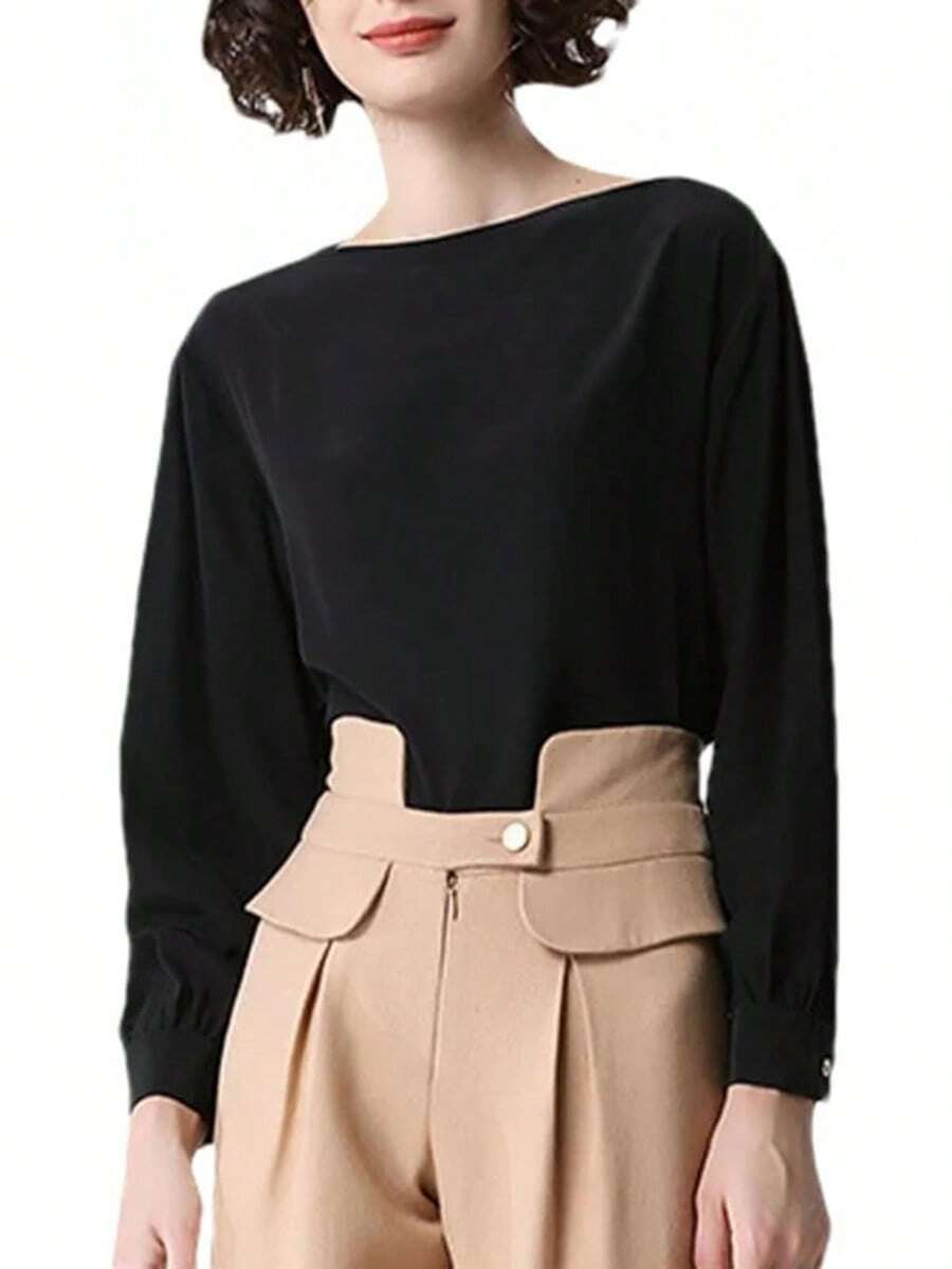 Blusa de seda de manga larga con cuello cuadrado para mujer, estilo informal, suelta, para oficina - Morado - Ver 1