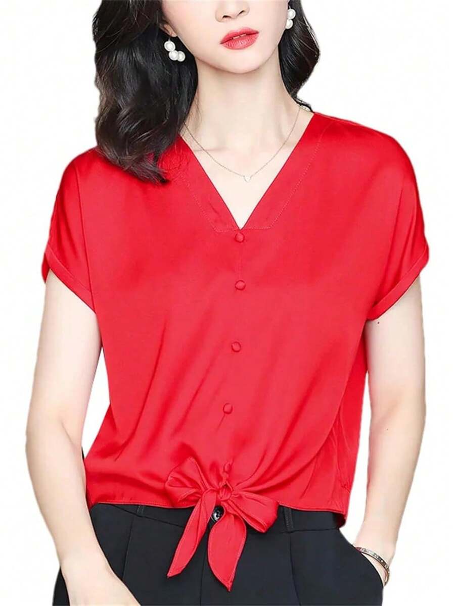 Camisa de verano de manga corta con botones de seda para mujer, con cuello en V, color liso, para oficina y dama, blusa casual - Rojo - - Ver 1