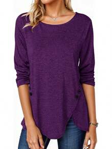 Fisoew - Blusa casual de manga larga para mujer, cuello redondo, botones laterales - Caqui - Ver 25