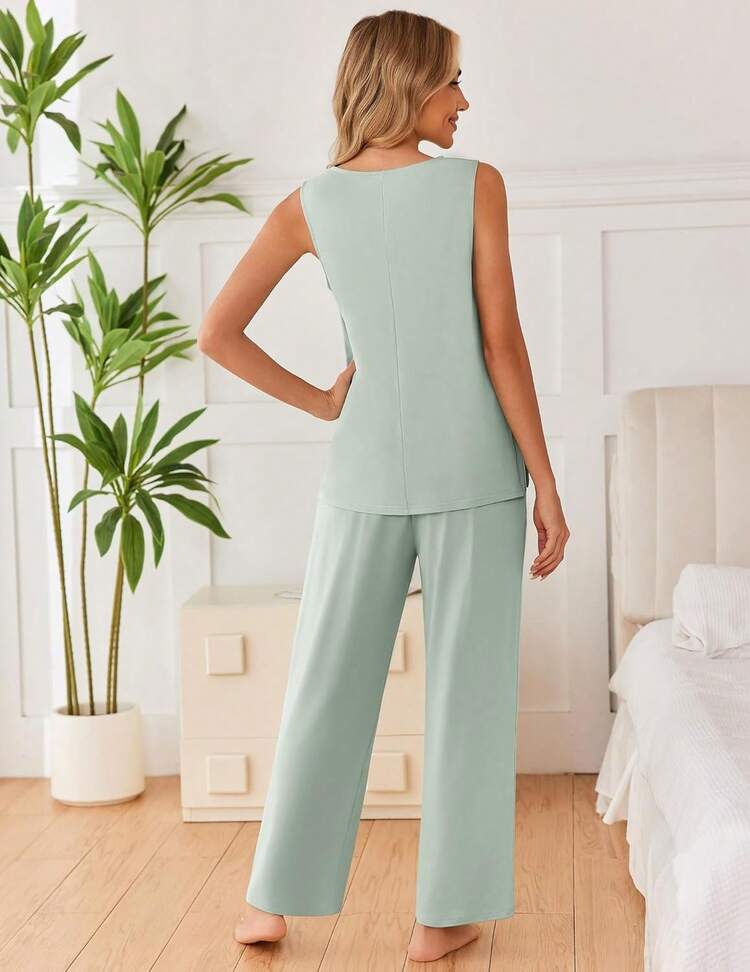 - Conjunto de pijama para mujer, sin mangas, cómodo conjunto de playera sin mangas y pantalones con cuello en V, 2 piezas, S-XXL - Leopardo - Añade 2
