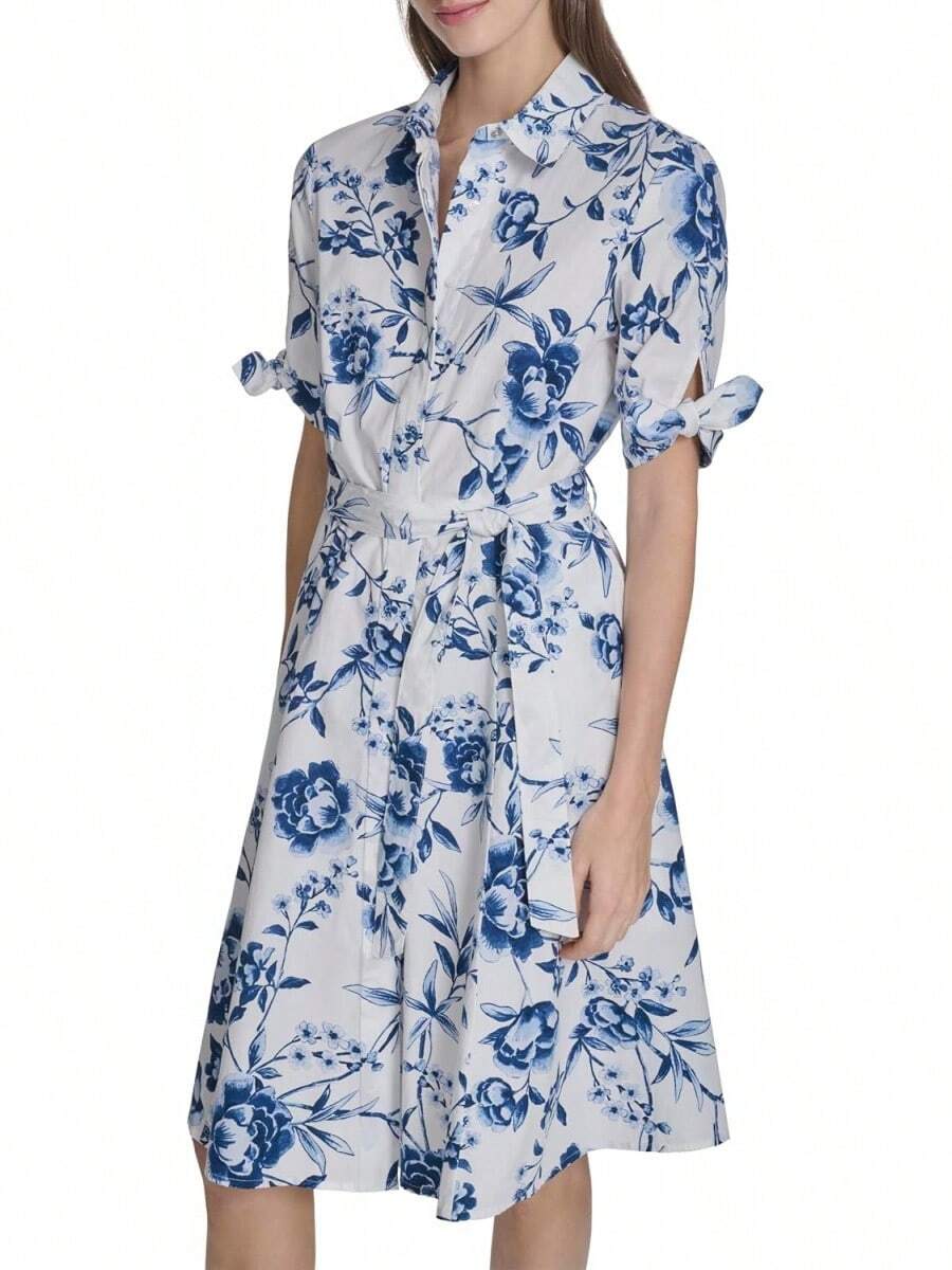 Vestido de Mujer de Manga Corta con Cuello de Solapa, de Algodón, con Lazo en la Cintura y Corte en A - Crema multiusos - Ver 1