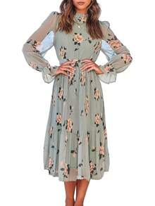 ANRABESS - Vestido midi floral para mujer, manga larga, con volantes, de gasa, acampanado, plisado, con cinturón, vestido de fiesta para té - Rosa rosado - Ver 16