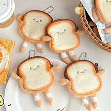 1pc INS Healing Realistic Toast Plush Coin Purse, Mini Zipper Storage Bag With Earphone Storage And Key Chain Function, 3D Toast Design With Hands And Feet, Gradient Toasted Edge Plush Highly Restoring Real Bread Texture, Front Embroidered Simple Smiling Face Soft And Cute Healing - Multicolor - View 1