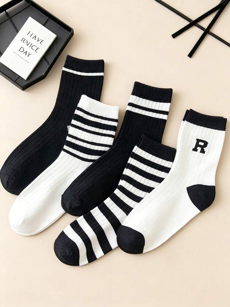 5 Pairs Brown Striped Mid-Calf Socks For Women, Black & White Striped R Logo Mid-Calf Socks, Vintage Sporty Style, Striped Slouch Socks, American Summer Breathable & Moisture-Wicking Socks, Versatile All-Match Style - Multicolor - View 1