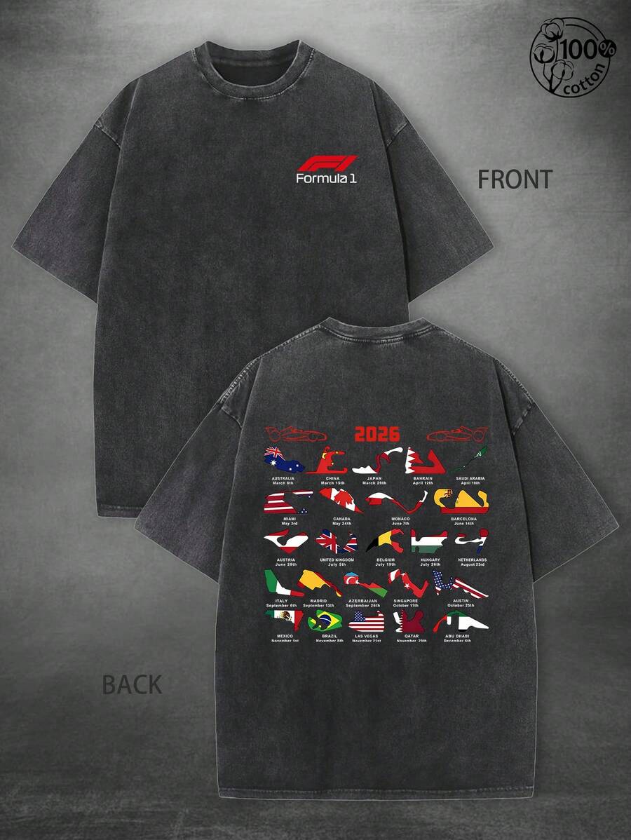 The 2026 F1 Season Track Map Theme Features An Old-Fashioned Washed Short-Sleeved Shirt, Suitable For Outdoor Wear In All Seasons. It Is A Must-Have Choice For Fans To Gather, Eye-Catching, Fashionable And Comfortable. The Short-Sleeved Design, Men's Short-Sleeved Shirt, Women's Short-Sleeved Shirt, Perfectly Integrates Into The Racing Spirit, Full Of Nostalgia. It Is The Perfect Gift For Friends, Family, Lovers, Girlfriends, Boyfriends, Highlighting Fashionable Personality - 黑色 - 查看 1