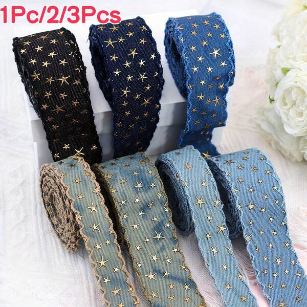 1Pc/2/3Pcs Gold Foil Star Denim Woven Ribbon, Wavy Edge Frayed Washed Denim Ribbon, 1 Yard (91.44CM), Multi-Color Options, Handmade DIY Hair Accessories, Bows, Gift Wrapping, Floral Decoration Accessories