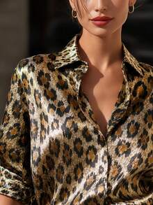 Blus Motif Leopard Elegan untuk Wanita, Pakaian Kasual Serbaguna untuk Perjalanan Sehari-hari, Liburan, Atasan Musim Semi dan Gugur - Coklat - View 4