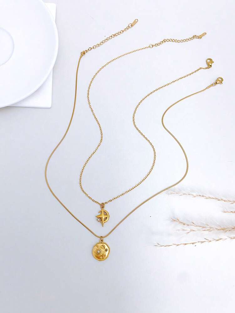 不鏽鋼防水耐褪色復古可愛小太陽月亮星星圖案吊墜項鍊，適合女性日常配戴 - 金色 - 查看 14