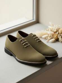 QRLQRL 1 Pair Men's Square Toe Lace-Up Shoes, Made Of PU Upper And Rubber Sole, Comfortable And Suitable For Daily Casual And Business Formal Wear - Olive Green - View 2