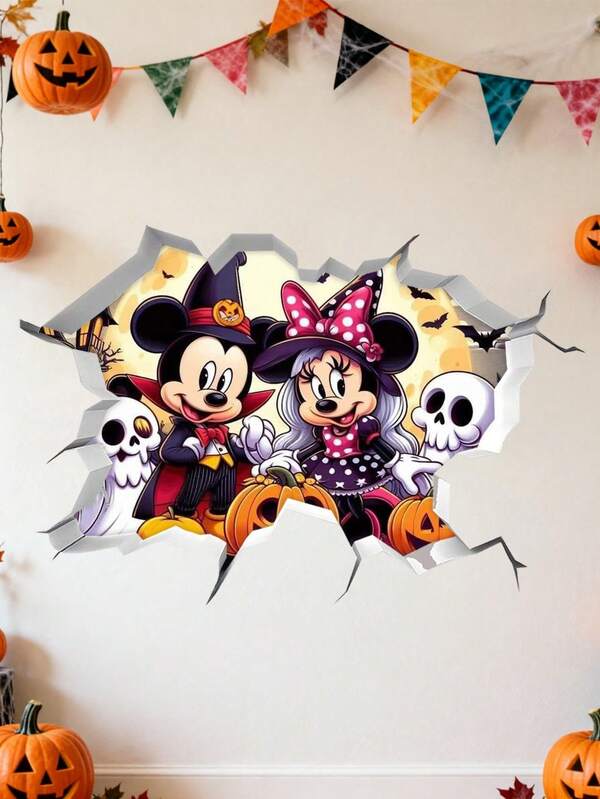 Autocollant mural Disney sous licence Mickey Minnie Halloween Break, décalcomanie en PVC auto-adhésif fantôme citrouille chauve-souris dessin animé, décor amovible sans résidu pour chambre d'enfant et vitrine de magasin