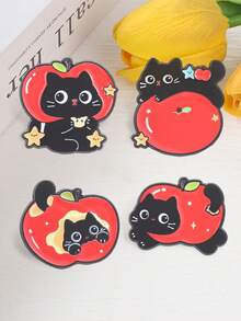 4pcs Cute Black Cat & Red Apple Enamel Brooch Set, Adorable Kitten Fruit Star Pins For Backpack, Straw Hat, Clothing Decoration Gift - Multicolor - View 8