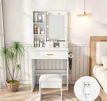 Small Dressing Table Set / Modern Dressing Table / With Mirror, Hairdryer Holder & Upholstered Stool / Dressing Table With Drawers And Shelf / Suitable For Bedrooms And Dressing Rooms - White - View 11
