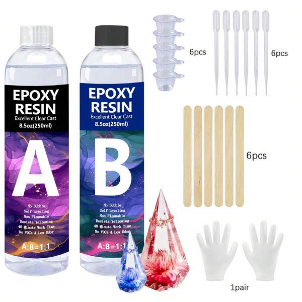 120/250 Crystal Clear Epoxy Resin Kit, Bubble-Free, Anti-Yellowing, Self-Leveling Easy Mixing 1:1 Coating And Casting Resin, Suitable For Tabletop, Molds, Glassware Crafts, Painting, Jewelry, DIY Gifts
