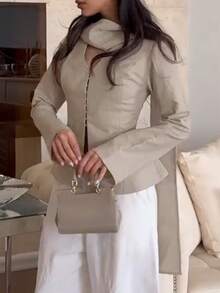 Women's Elegant Commute Long Sleeve Fitted Cardigan (With Shoulder Pads) Scarf Shawl Top 2-Piece Set Solid Color Daily Date Autumn/Winter - Apricot - View 7