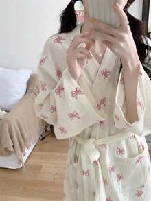 1pc Women's Spring/Autumn Korean Style Minimalist Comfortable Bathrobe Sleepwear, Pink Bow Decor, Casual Loose Homewear, Quick-Dry Absorbent, Suitable For Hot Spring, Couples Bathrobe - Pink - View 19