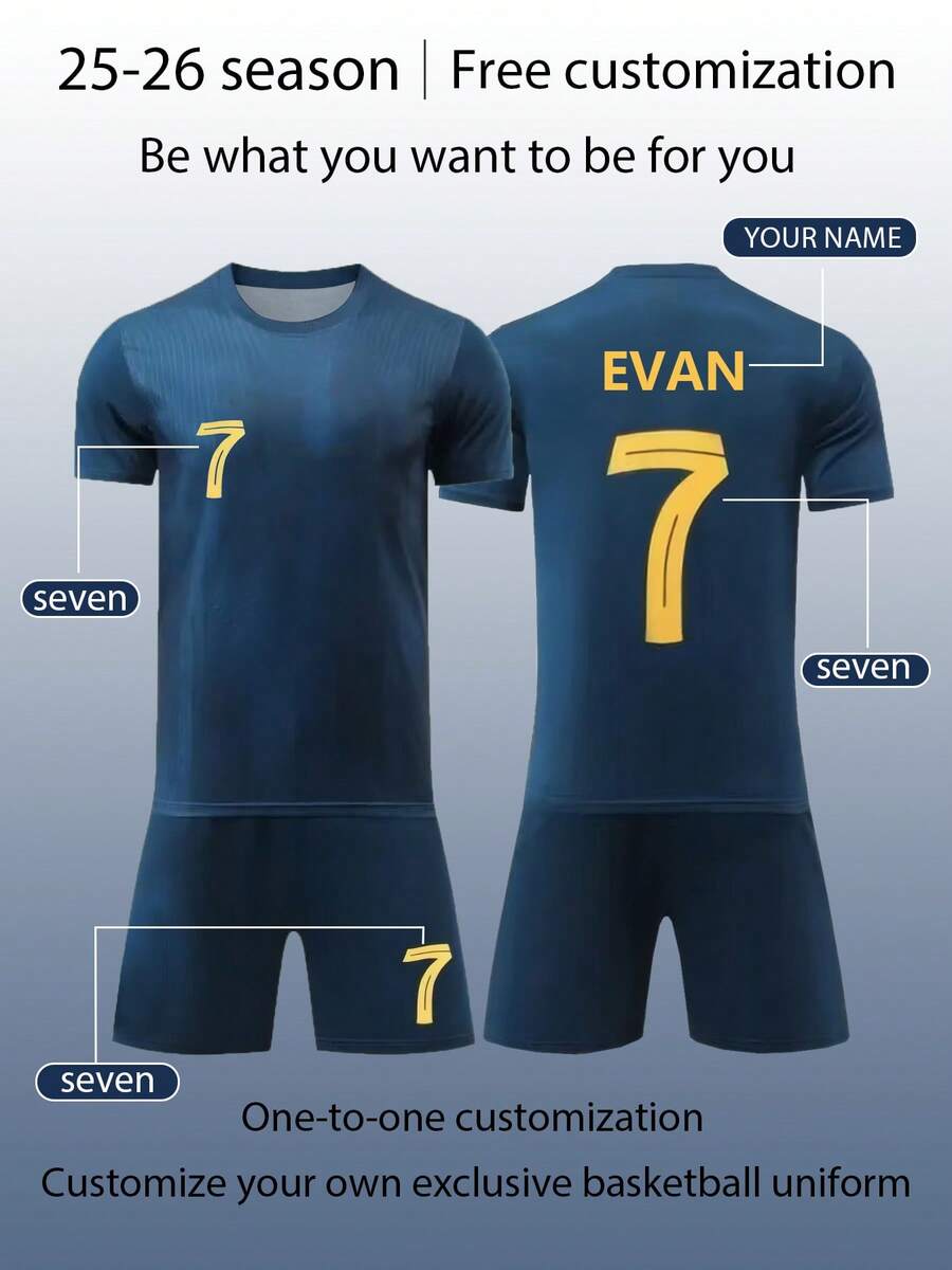 [Custom-Made] Personalized Name 2 Pieces Set, Boys & Youth Casual Soccer Jersey Riyadh Victory Away No.7, Round Neck Short Sleeve Shirt And Shorts Set, Quick-Dry Breathable Polyester Fabric, Suitable For Sports, Training, Casual Wear, Outdoor Activities,Multi-Functional,Ornamental,Letter,Stylish,Modern,Colorful,Cute,Adorable,Casual,Soft,Custom,Personalised,Unique,Customized,Baby Gifts,Ideal Gifts For Him,Ideal Gifts For Her,Son,Daughter