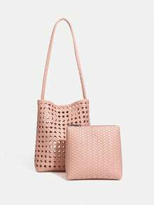 2026 New Pink Hollow Embossed Woven Bag, Women's Shoulder Bag With Small Bag, Large Capacity Bag, Vacation Travel Charm Versatile Leisure Bucket Bag - Pink - View 2