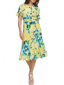 DKNY Vestido Midi de Gasa con Mangas y Falda Godet Vestido para Mujer - Equipaje - Ver 13