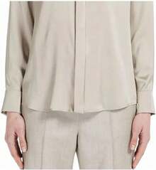 Blusa de seda de manga larga brillante para mujer, con botones y solapa formal - Azul marino - Ver 3