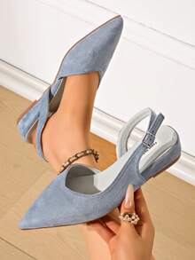 1 Pair Women's Light Blue Buckle Pointed Toe Closed Toe Low Chunky Heel Sandals, Elegant Commuter Style, Comfortable Fashionable Versatile Spring Summer High Heels - Baby Blue - View 3