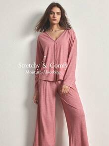 Ocili Conjunto de ropa de estar en casa minimalista y cómodo para mujer, con cuello en V holgado, ropa de invierno - Rojo - Ver 24