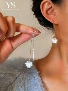 1pair Fashionable Artificial Crystal Ice Flower Ear Threader, Simple Tassel Long Dangle Earrings For Women, Everyday Wear Valentines,Mom,Mother,Mother's Day,Gift - White - View 2