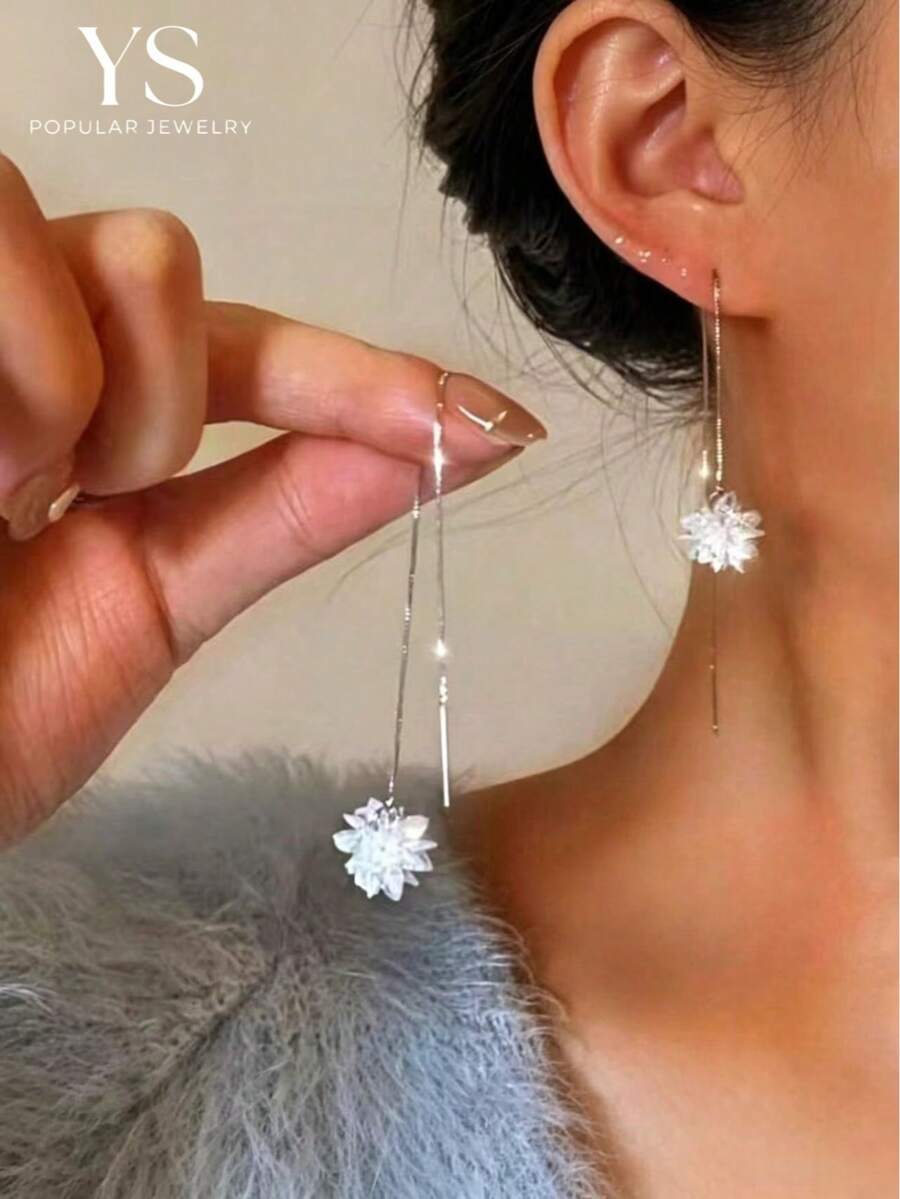 1pair Fashionable Artificial Crystal Ice Flower Ear Threader, Simple Tassel Long Dangle Earrings For Women, Everyday Wear Valentines,Mom,Mother,Mother's Day,Gift