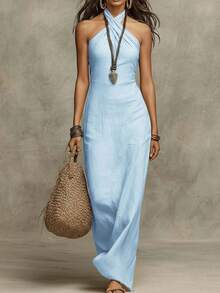 Vestidos elegantes para fiesta casual mujer sin mangas cuello halter ajustado elegante estilo europeo nueva temporada - Azul - Ver 9