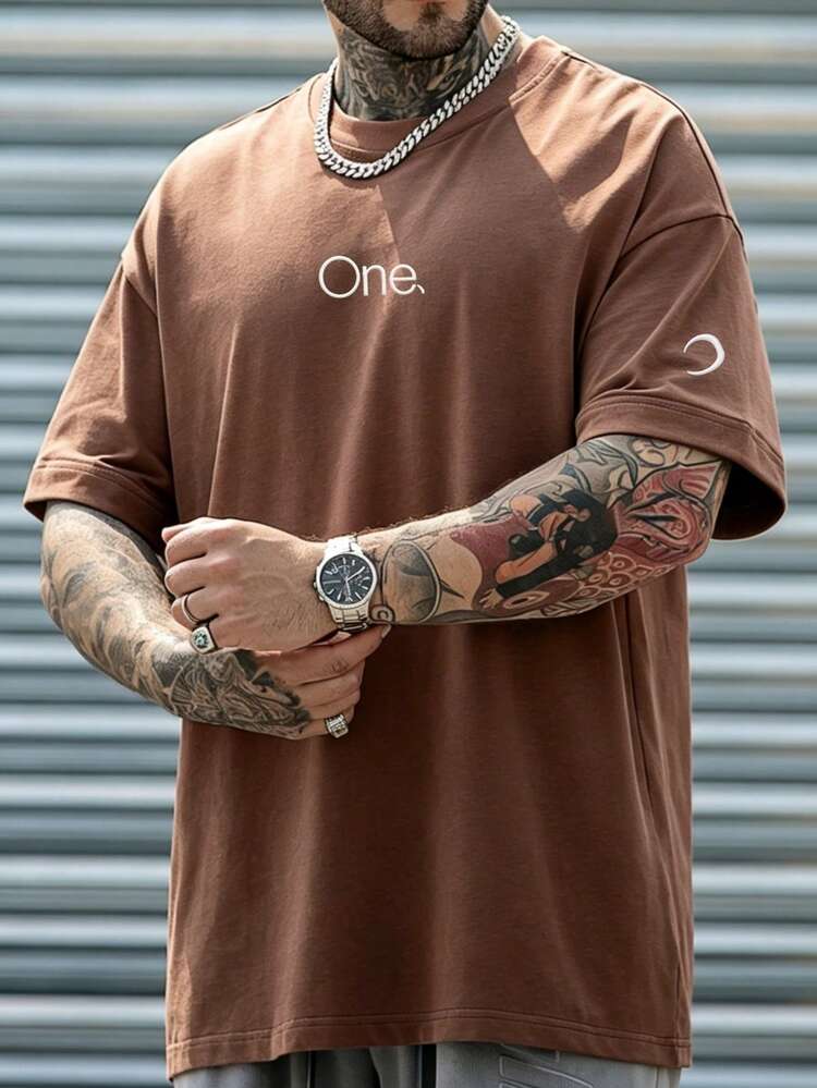 Camiseta de cuello redondo de manga corta con estampado de letras para hombre - Café integral - Añade 2