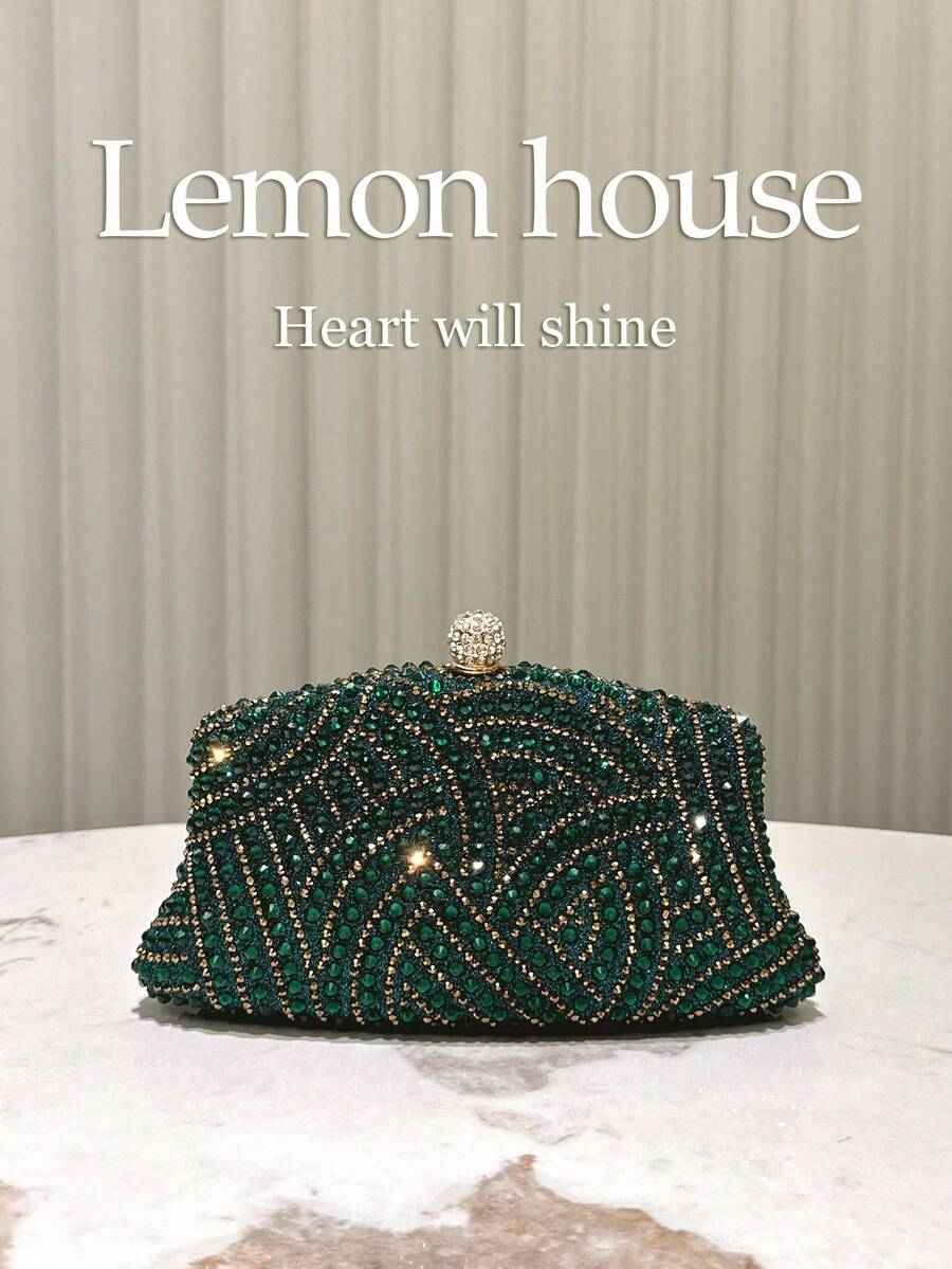 Embrague de noche con patrón ondulado cubierto totalmente de strass broche esférico con cristales cadena metal extraíble varios colores mujer boda gala graduación - Verde - Ver 1