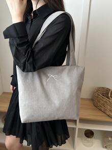 Bolso de hombro tipo tote de pana de color liso - Gris - Ver 7