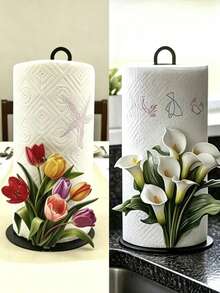 Wooden Floral Tissue Box Holder. Tulip Flower Shape, Calla Lily Flower Design. Premium Decorative Tissue Box Dispenser. No Drilling Required, Surface Mount, Reusable, Durable. Holiday Decoration, Suitable For Kitchen, Bathroom And Party. - Multicolor - View 1