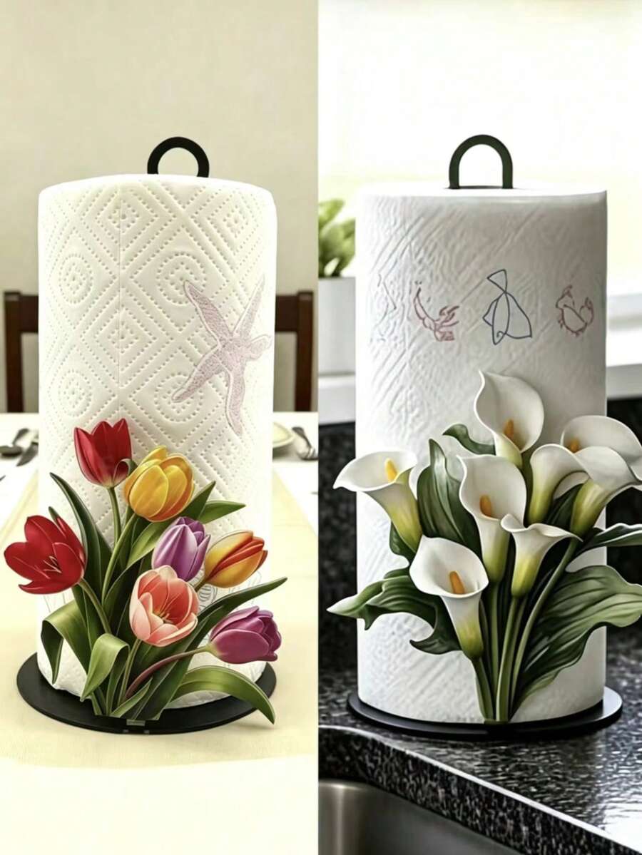 Wooden Floral Tissue Box Holder. Tulip Flower Shape, Calla Lily Flower Design. Premium Decorative Tissue Box Dispenser. No Drilling Required, Surface Mount, Reusable, Durable. Holiday Decoration, Suitable For Kitchen, Bathroom And Party. - Multicolor - View 1