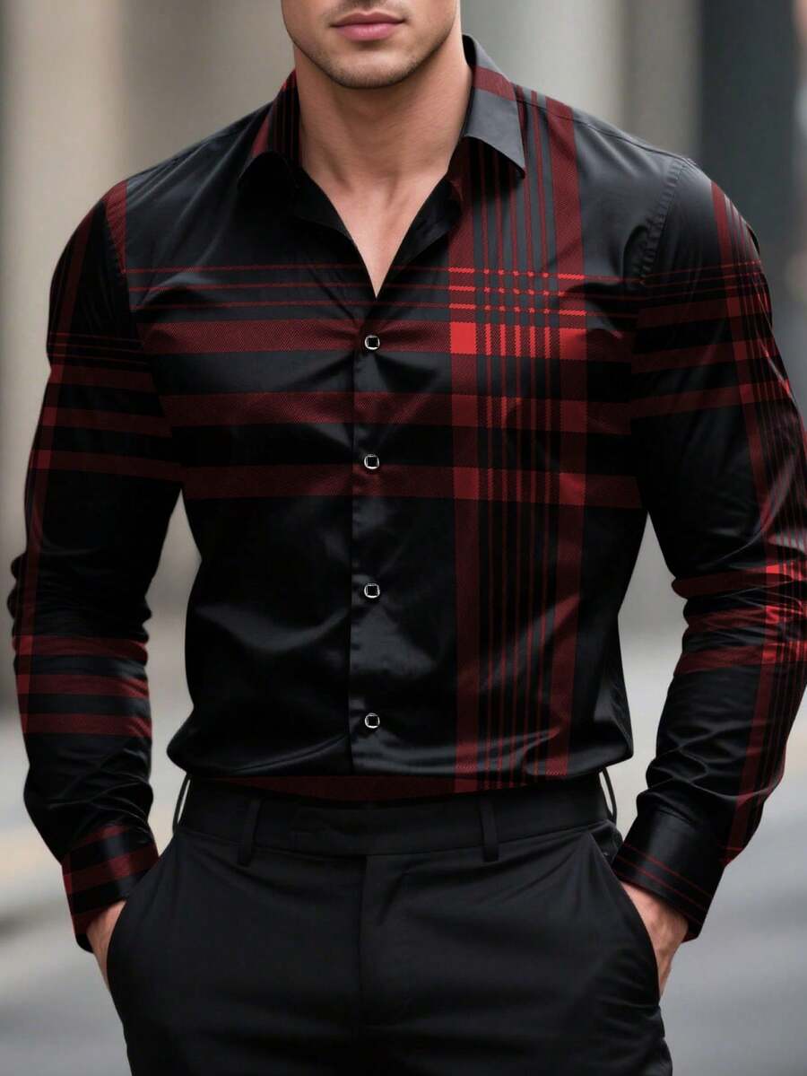 Camisa de manga larga con botones, a rayas y a cuadros, de estilo casual y de negocios para hombres.Camisa formal para hombres.Camisa a cuadros para hombres.Adecuada para uso diario, ir al t - Gris - Ver 1