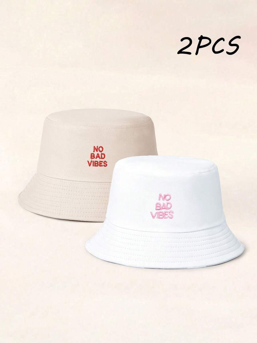 2件組中性刺繡字母 NO BAD VIBES 防曬透氣新款百搭漁夫帽,適合戶外休閒遮陽穿戴 - 白色+米色 - 查看 1