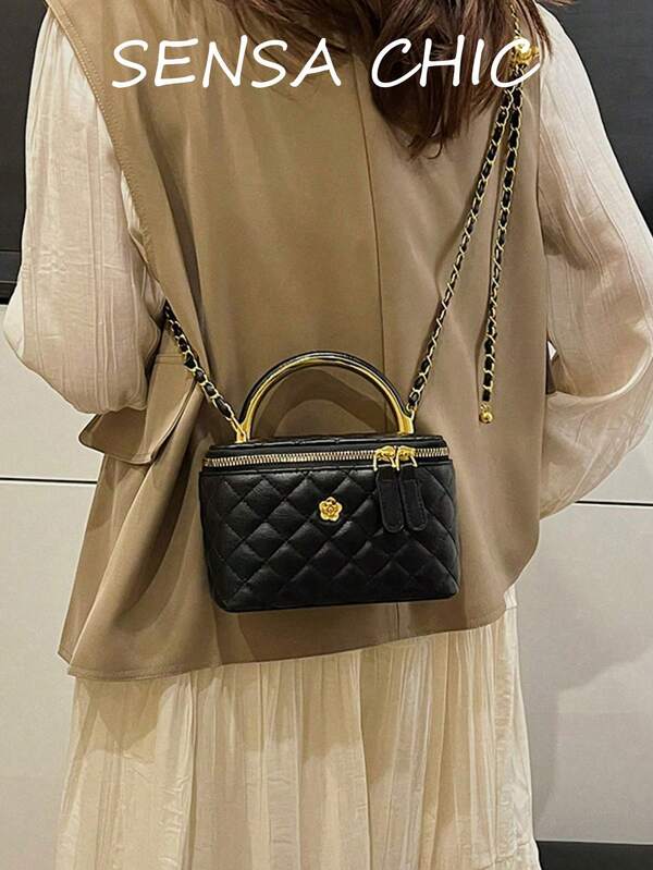 Solid Color Handbag, Soft Leather With Neat Quilted Stitching, Flower Hardware Embellishment For Added Elegance, Top Handle + Adjustable Leather Chain Strap For Two Carrying Ways. Mini Portable Size, Suitable For Girls Shopping, Dating, Commuting, Matching With Dresses, Gentle Luxury Style High-Value Mini Square Bag.