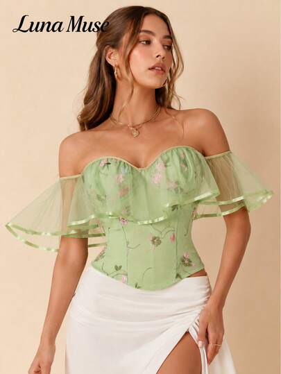 Luna Muse Top Bustier Feminino Primavera/Verão 2026 com Bordado Floral, Ombro à Mostra, Estilo Vintage Court, Corset com Barbatanas Slim Fit, Sexy Francês Chamativo, Design com Babados em Tule, Visual Fresco e Sofisticado, para Uso Diário, Casual, Festa, Férias, Encontro, Street, Performance, Show, Outdoor, Volta às Aulas, Estilo Ballet, Festival de Música, Dia dos Namorados, Festa de Verão, Piquenique, Coachella, Roupa de Festa