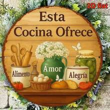1pc 2D Flat 8*8 Inch Round French Sign, Vintage Kitchen Decorative Plaque, "Food & Love" Decor Sign, Suitable For Restaurant, Kitchen, Cafe, Bar, Home Party, Bakery. Language: Spanish (Random Hole Position) - A - View 6