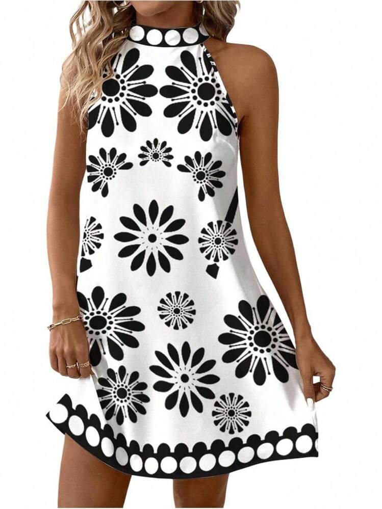 - Vestido corto sin mangas con estampado floral para mujer, cuello halter, línea A - Verde y naranja quemada - Añade 14